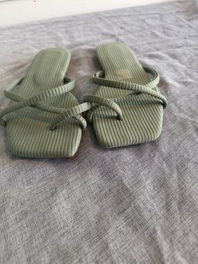 Others Follow Ribbed Strappy Square-Toe Sandals in Sage Green